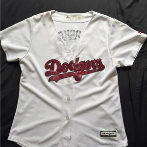Majestic White Dodgers Red Script Button-Up Jersey